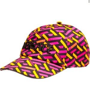VERSACE La Greca Embroidered Logo Cap Magenta And Tangerine. Unisex